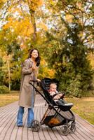 jung Frau mit süß Baby Mädchen im Baby Kinderwagen mit Handy, Mobiltelefon Telefon beim das Herbst Park foto