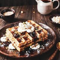 Belgier Waffeln mit Sahne auf Holz Teller foto