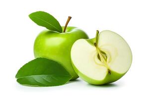 Grün Apfel mit Blatt isoliert auf Weiß Hintergrund. foto