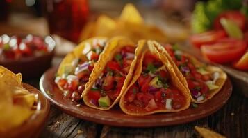 Teller mit Taco Nachos Chips und Tomate tauchen Teller mit Taco Nachos Chips und Tomate tauchen foto