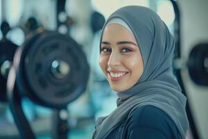 lächelnd jung Muslim Frau tragen ein Hijab vorbereiten zum ein trainieren mit Gewichte beim das Fitnessstudio foto