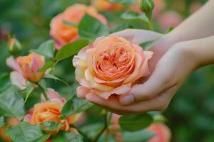 schön bulgarisch Damast Rosen im das Senke von Rosen im Bulgarien Blütenblätter halten im Hände foto