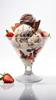 Schaufeln von sortiert Eis Sahne im ein Glas Schüssel. Vanille, Erdbeere, und Schokolade Eis Sahne mit Kirschen. Konzept von Süss Nachtisch, Vielfalt, und Genuss. Weiß Hintergrund. Vertikale. foto