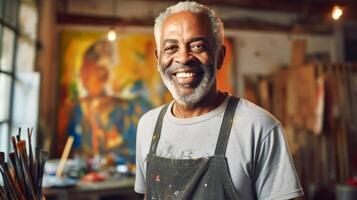 Senior lächelnd afrikanisch amerikanisch Mann Maler Nächster zu seine Kunstwerk im Kunst Studio. Konzept von künstlerisch Talent, Senior Kreativität, Kunst Therapie, interessant Hobby, aufregend Freizeit Zeit, Öl Gemälde foto