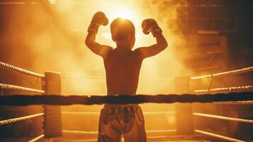 siegreich jung Junge im Boxen Ring, Waffen angehoben im Triumph. Kind Boxer. wenig Champion im Boxen Handschuhe feiern. Konzept von Leistung, Jugend Sport, Sieg, Feier. zurück Sicht. Silhouette. foto