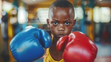 afrikanisch amerikanisch Kind Boxer im Fitnessstudio Raum. Junge im Boxen Handschuhe üben Boxen Schläge. Konzept von physisch Ausbildung, Jugend Sport, Kindheit Aktivität, aktiv Lebensstil, energisch Zeitvertreib foto