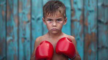 konzentriert kaukasisch Junge im rot Boxen Handschuhe. jung Boxer bereit zu Zug. Kind Boxer. Konzept von gesund Lebensstil, Fitness Ausbildung, Kindheit Aktivität, physisch Bildung foto