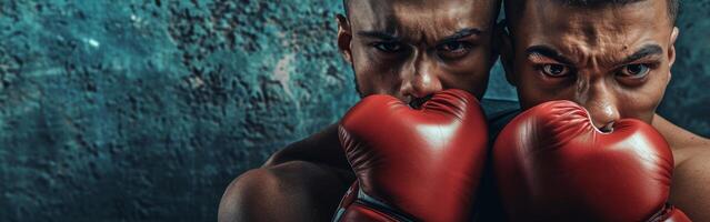 zwei afrikanisch amerikanisch männlich Boxer im Boxen Handschuhe gegenüber Kamera auf texturiert Blau Hintergrund. Nahansicht Sport Porträt. Design zum Kampf Verein Poster, Banner, und Sport Werbung. Kopieren Raum foto