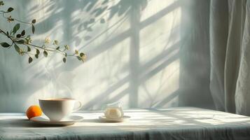 gemütlich Frühstück Szene mit dämpfen Tasse von Tee und orange. sanft Morgen Licht Baden das Zimmer. Konzept von still Erwachen, gesund Morgen Routine, und das Einfachheit von Tagesanbruch. Kopieren Raum. foto