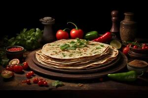 Stapel von frisch Tortillas auf hölzern Tafel mit Zutaten. Mexikaner Küche Klammer, Mehl Tortillas mit Tomaten und Koriander. Konzept von Mexikaner Essen, Kochen beim heim. dunkel Hintergrund. foto