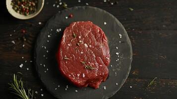 frisch und saftig roh Rindfleisch Steak auf dunkel hölzern Tabelle Hintergrund, oben Aussicht zum ein nah aussehen foto