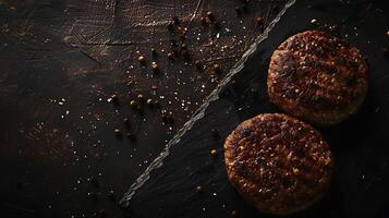 gekocht Hamburger Fleisch auf ein dunkel Hintergrund, oben Aussicht foto