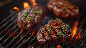Grill Meister Freude brutzelnd Rindfleisch Steaks mit Flammen foto