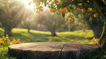 Baum Kofferraum Holz Podium Anzeige zum Essen Parfüm und andere Produkte auf Natur Hintergrund Bauernhof mit Gras und Baum Sonnenlicht beim Morgen , foto