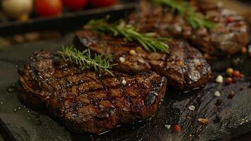 Grill Meister Freude brutzelnd Rindfleisch Steaks mit Flammen foto