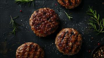 gekocht Hamburger Fleisch auf ein dunkel Hintergrund, oben Aussicht foto