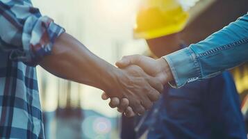 Mann halten schwer Hut sind Shake Hand auf Seite? ˅ Konstruktion Konzept Zusammenarbeit Geschäft Arbeiter foto