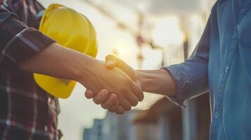 Mann halten schwer Hut sind Shake Hand auf Seite? ˅ Konstruktion Konzept Zusammenarbeit Geschäft Arbeiter foto