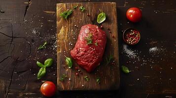 frisch und saftig roh Rindfleisch Steak auf dunkel hölzern Tabelle Hintergrund, oben Aussicht zum ein nah aussehen foto