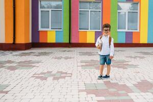 zurück zu Schule. glücklich lächelnd Junge im Brille ist gehen zu Schule zum das zuerst Zeit. Kind mit Rucksack und Buch draußen. Anfang von Unterricht. zuerst Tag von fallen. foto