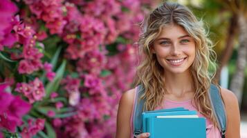 Frau halten Blau Buch im Vorderseite von Rosa Blumen foto