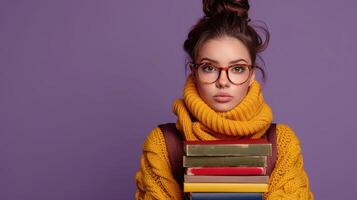 Frau halten Stapel von Bücher foto