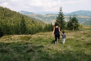 jung Mama mit Baby Junge Reisen. Mutter auf Wandern Abenteuer mit Kind, Familie Ausflug im Berge. National Park. Wanderung mit Kinder. aktiv Sommer- Feiertage. Fischauge Linse. foto