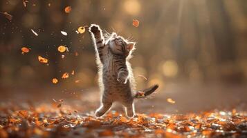 ein klein Kätzchen energisch spielen mit gefallen Blätter im ein dicht Wald Rahmen foto