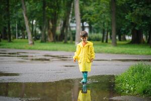 wenig Junge spielen im regnerisch Sommer- Park. Kind mit Regenschirm, wasserdicht Mantel und Stiefel Springen im Pfütze und Schlamm im das Regen. Kind Gehen im Sommer- Regen draussen Spaß durch irgendein Wetter. glücklich Kindheit foto