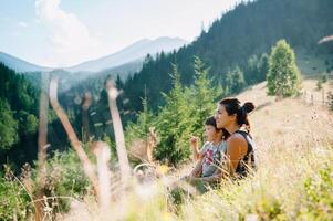 jung Mama mit Baby Junge Reisen. Mutter auf Wandern Abenteuer mit Kind, Familie Ausflug im Berge. National Park. Wanderung mit Kinder. aktiv Sommer- Feiertage. Fischauge Linse. foto