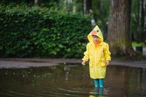 wenig Junge spielen im regnerisch Sommer- Park. Kind mit Regenschirm, wasserdicht Mantel und Stiefel Springen im Pfütze und Schlamm im das Regen. Kind Gehen im Sommer- Regen draussen Spaß durch irgendein Wetter. glücklich Kindheit foto