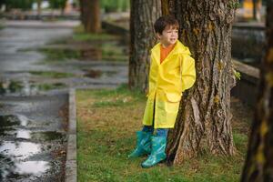 wenig Junge spielen im regnerisch Sommer- Park. Kind mit Regenschirm, wasserdicht Mantel und Stiefel Springen im Pfütze und Schlamm im das Regen. Kind Gehen im Sommer- Regen draussen Spaß durch irgendein Wetter. glücklich Kindheit. foto