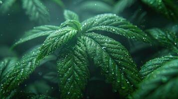 Nahansicht von ein Grün Pflanze bedeckt im Tröpfchen von Wasser foto