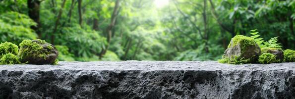 Moos Abdeckung ein Felsen im das Mitte von ein dicht Wald foto