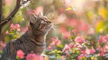 ein Katze Stehen unter bunt Blumen im ein Feld foto