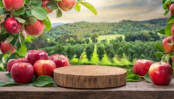 leeren Holz Podium umgeben durch rot Apfel Obst und Pflanze mit Apfel Bauernhof Hintergrund foto