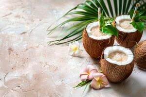 Cocktail im Kokosnuss auf ein Sommer- Hintergrund mit Palme Baum Blätter und mit Plumeria Blumen. Kopieren Raum foto