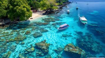 Tourist Boote Über Koralle Riffe in der Nähe von Insel foto