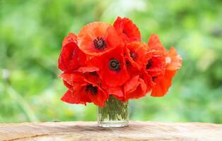 schön Strauß von das rot Mohn Blumen auf ree Stumpf draußen foto