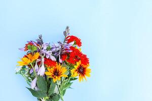 klein Strauß von Garten Blumen auf Licht Blau Hintergrund. lila dekorativ Glockenblume, Lychnis und Rudbeckia oder schwarzäugig Susan Pflanzen. festlich Blumen- Vorlage. Gruß Karte Design. oben Sicht. foto