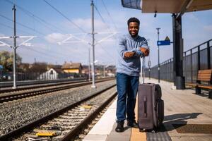 glücklich Mann mit Koffer Stehen auf Eisenbahn Bahnhof foto