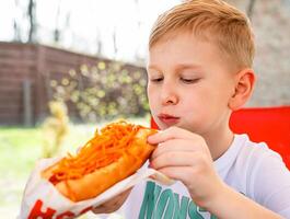 ein Junge isst ein Hotdog beim ein Tabelle im ein Cafe im ein Frühling Park foto