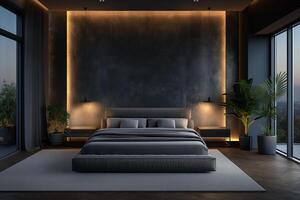 Innere Design von ein modern Schlafzimmer im grau Töne und subtil Beleuchtung foto