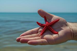 ein des Mannes Hand hält ein Seestern gegen das Hintergrund von ein Ruhe Meer foto