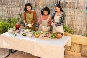 Süd-Ost asiatisch Mutter und ihr Töchter sind haben Spaß Kochen ein thailändisch Essen Rezept zusammen im das Hinterhof foto