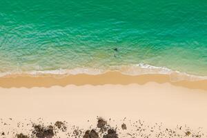 Horizont Oase Antenne Gelassenheit erfasst schön Strand Sand von über, ein still Tapisserie von Küsten Schönheit foto