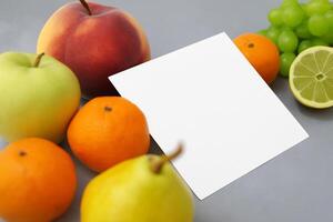 Karte und Weiß Papier Attrappe, Lehrmodell, Simulation harmonisiert mit frisch Frucht, basteln ein visuell Symphonie von kunstvoll Design und kulinarisch Freude, wo gesund Zutaten verschmelzen im ein Fest von beschwingt Bilder foto