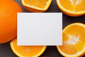 Weiß Papier Attrappe, Lehrmodell, Simulation belebt durch das pikant Aura von frisch Orangen, basteln ein visuell Symphonie von kulinarisch Opulenz und gesund Design foto
