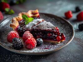 Stück von Beere Kuchen dekoriert mit Himbeeren, Brombeeren, und pulverisiert Zucker. schön Portion auf ein Keramik Platte, Textur Hintergrund. ästhetisch Makro Foto