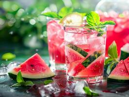 Glas von erfrischend Wassermelone Limonade mit Minze und Eis. Nahansicht foto